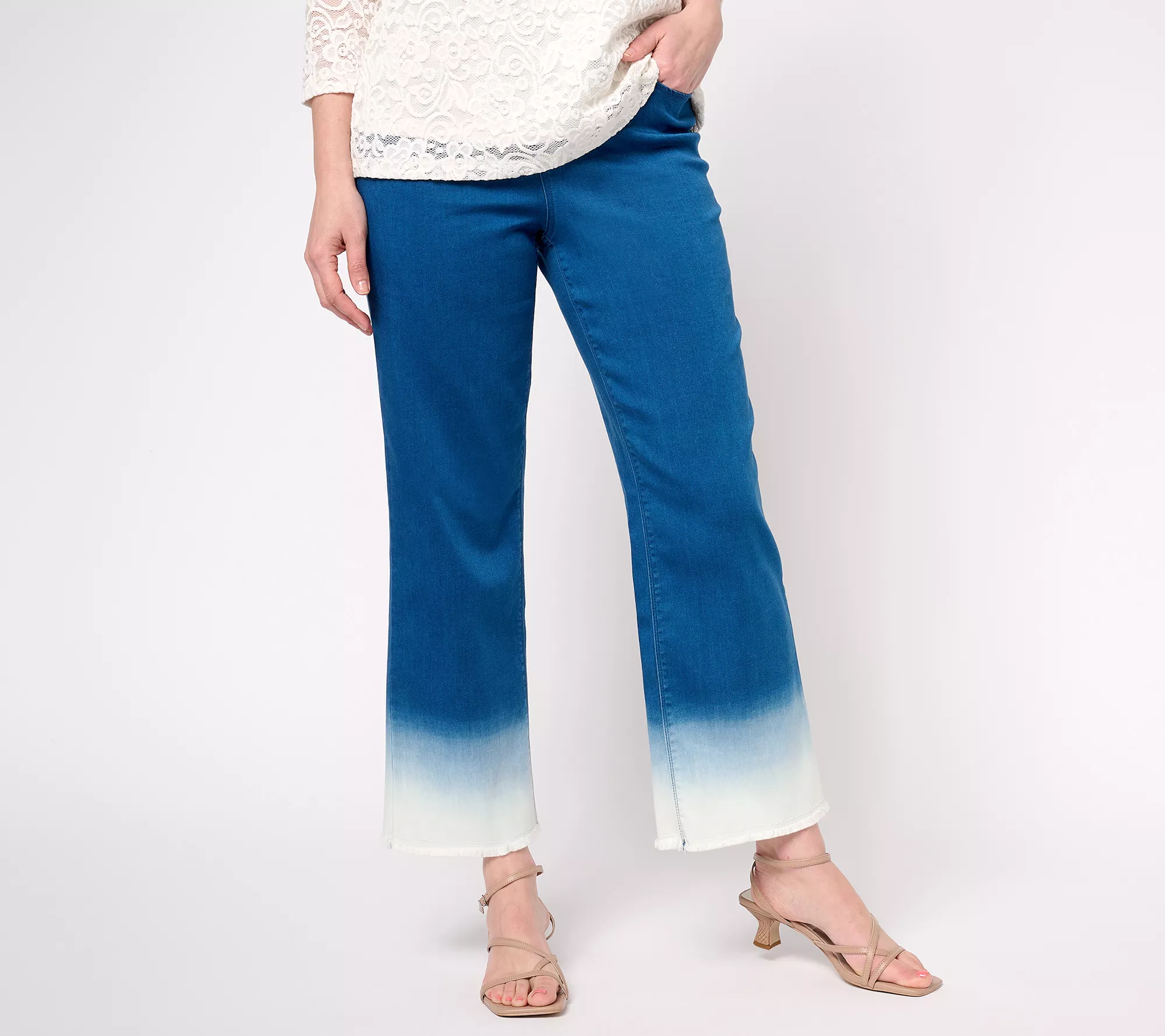 "As Is" Susan Graver Soft Stretch Regular Pull-On Dip Dye Wide Leg Jeans