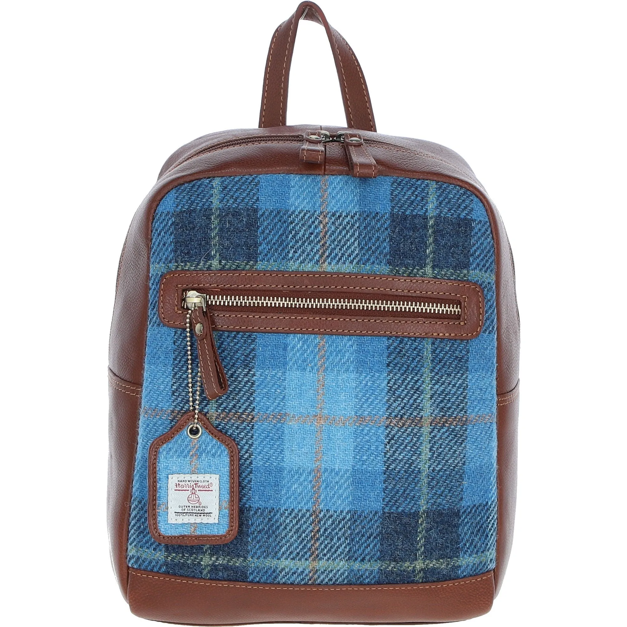 Authentic Ashwood Leather & Harris Tweed Backpack Tan/LT Blue: TW-28-05-TB