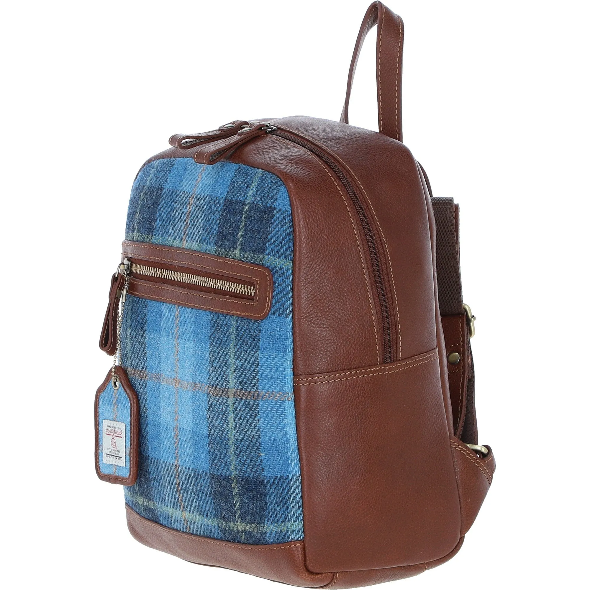 Authentic Ashwood Leather & Harris Tweed Backpack Tan/LT Blue: TW-28-05-TB