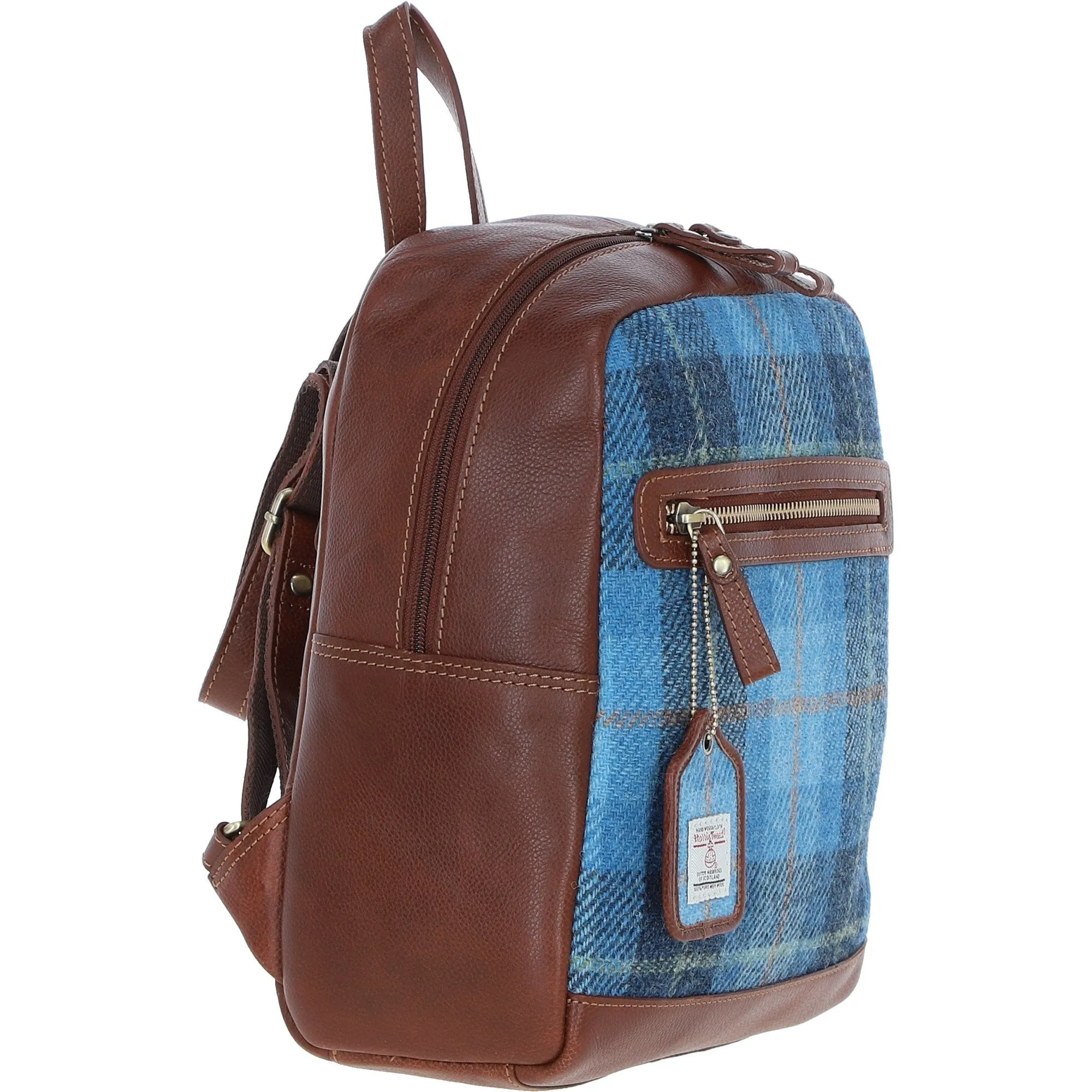 Authentic Ashwood Leather & Harris Tweed Backpack Tan/LT Blue: TW-28-05-TB