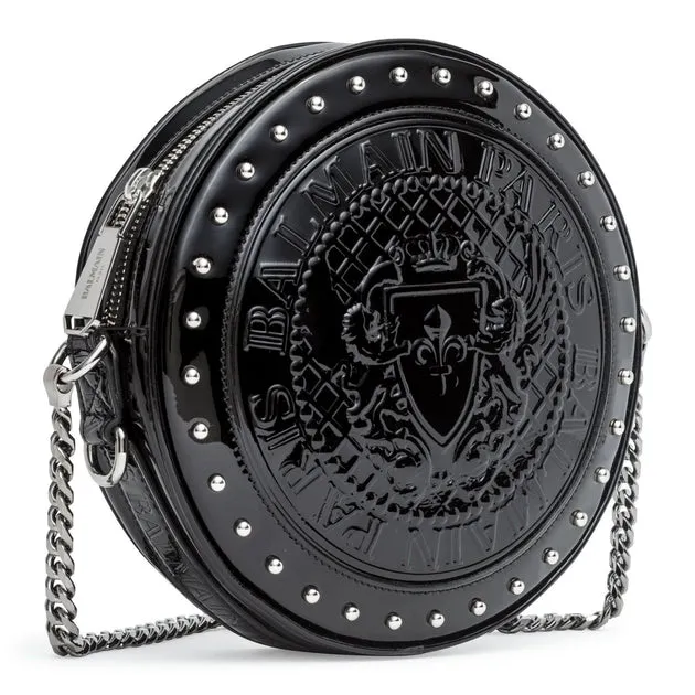 Balmain Disco round black patent cross-body bag