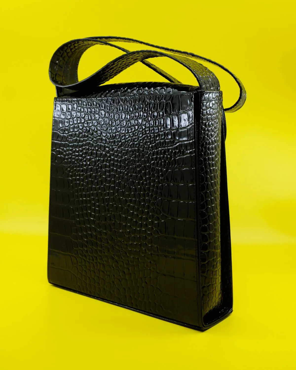 Black Licorice Croc Bull Hide Leather Extended Bag - Black