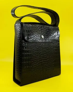 Black Licorice Croc Bull Hide Leather Extended Bag - Black