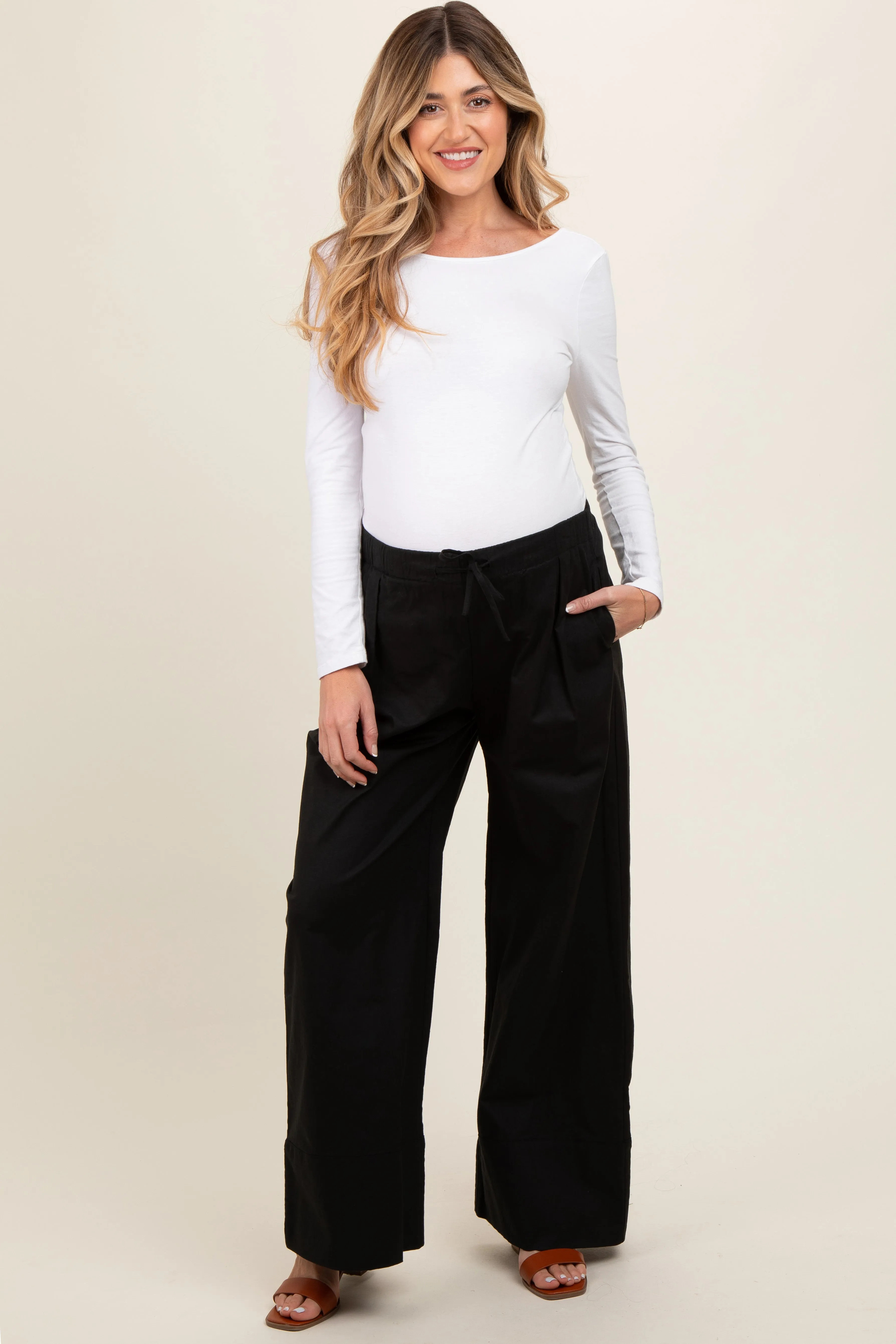 Black Pleated Drawstring Waist Maternity Pants