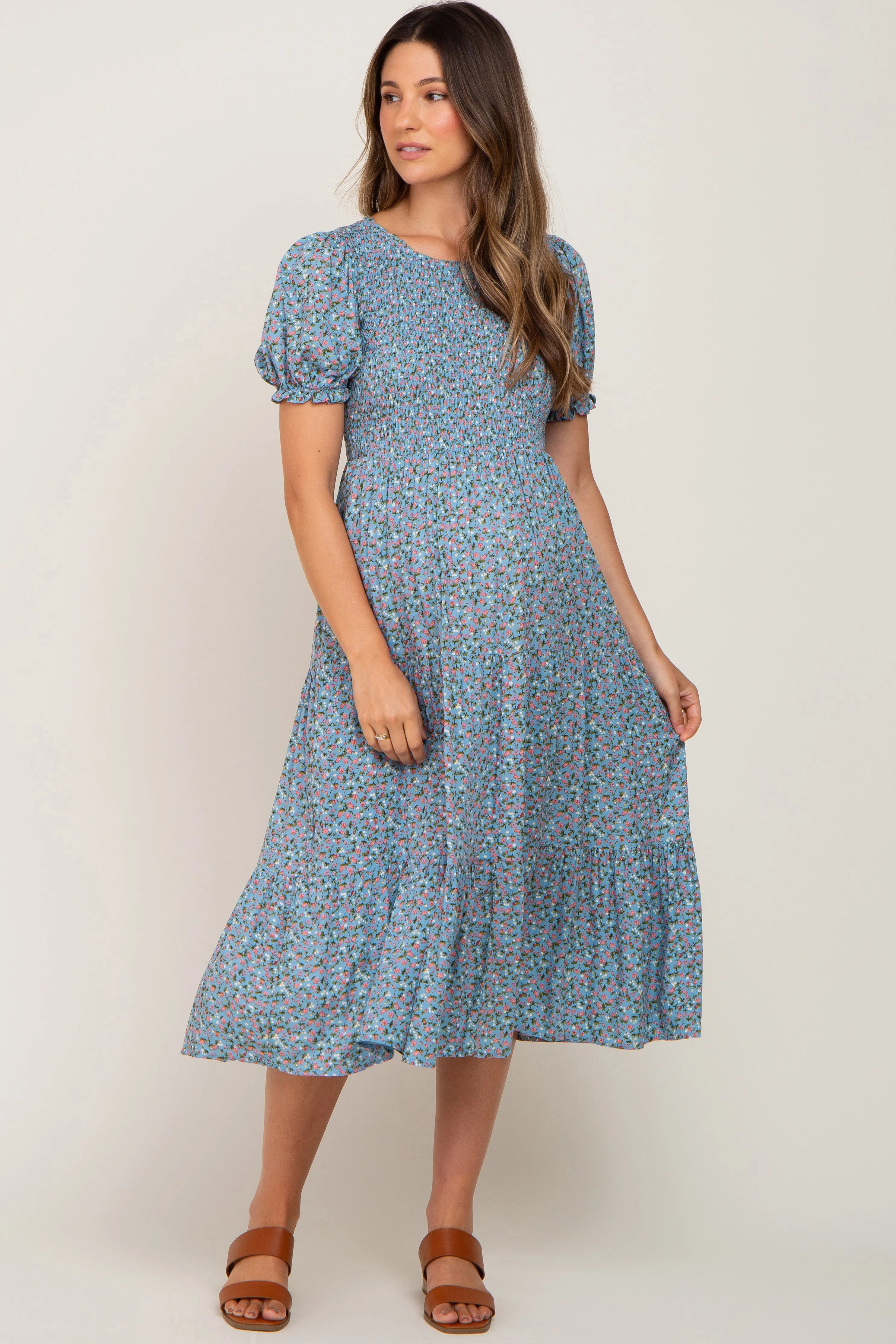 Blue Floral Smocked Maternity Midi Dress