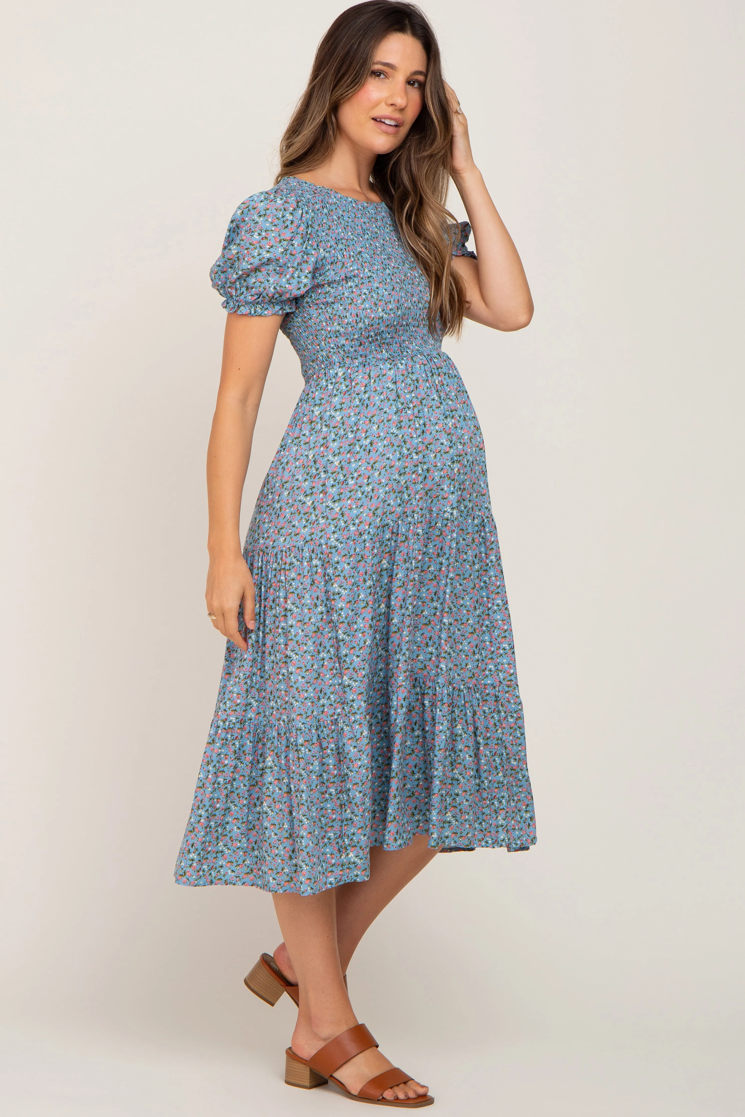 Blue Floral Smocked Maternity Midi Dress