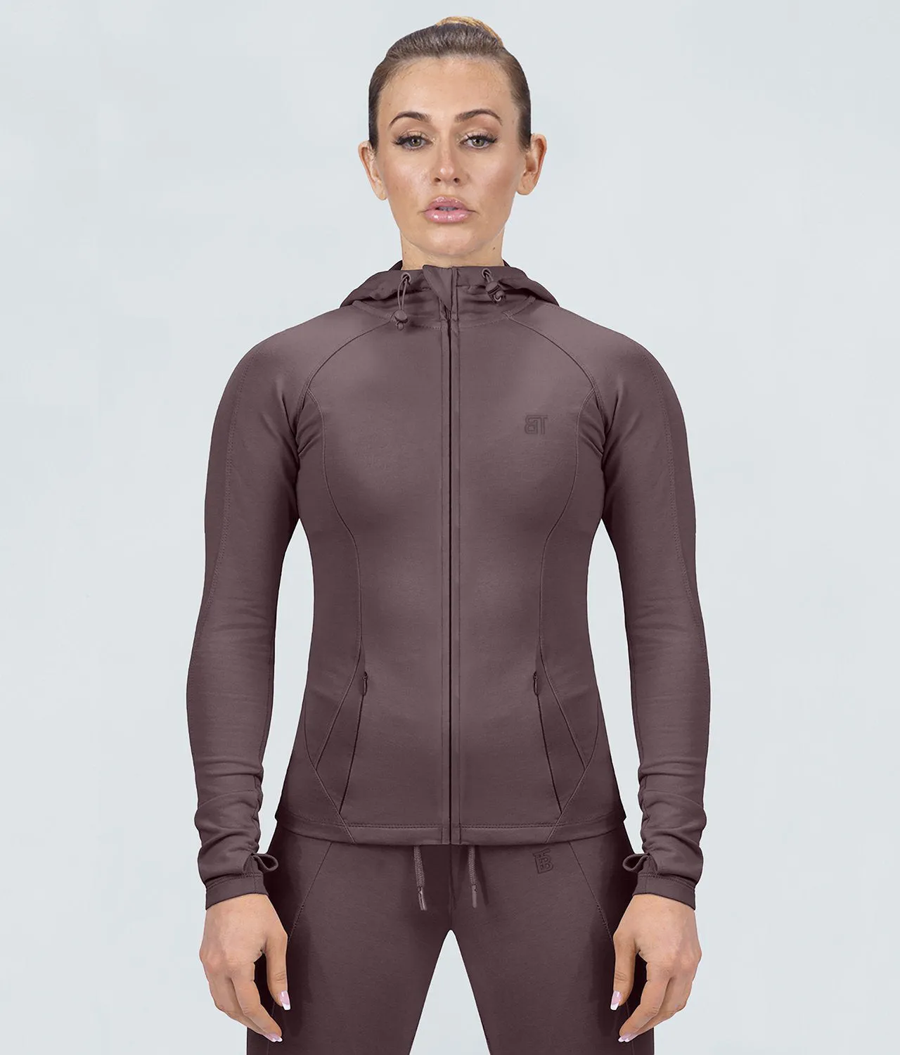 Born Tough Contoured Ash Brown Sleeve Loops Crossfit Tracksuit Hoodie for Women