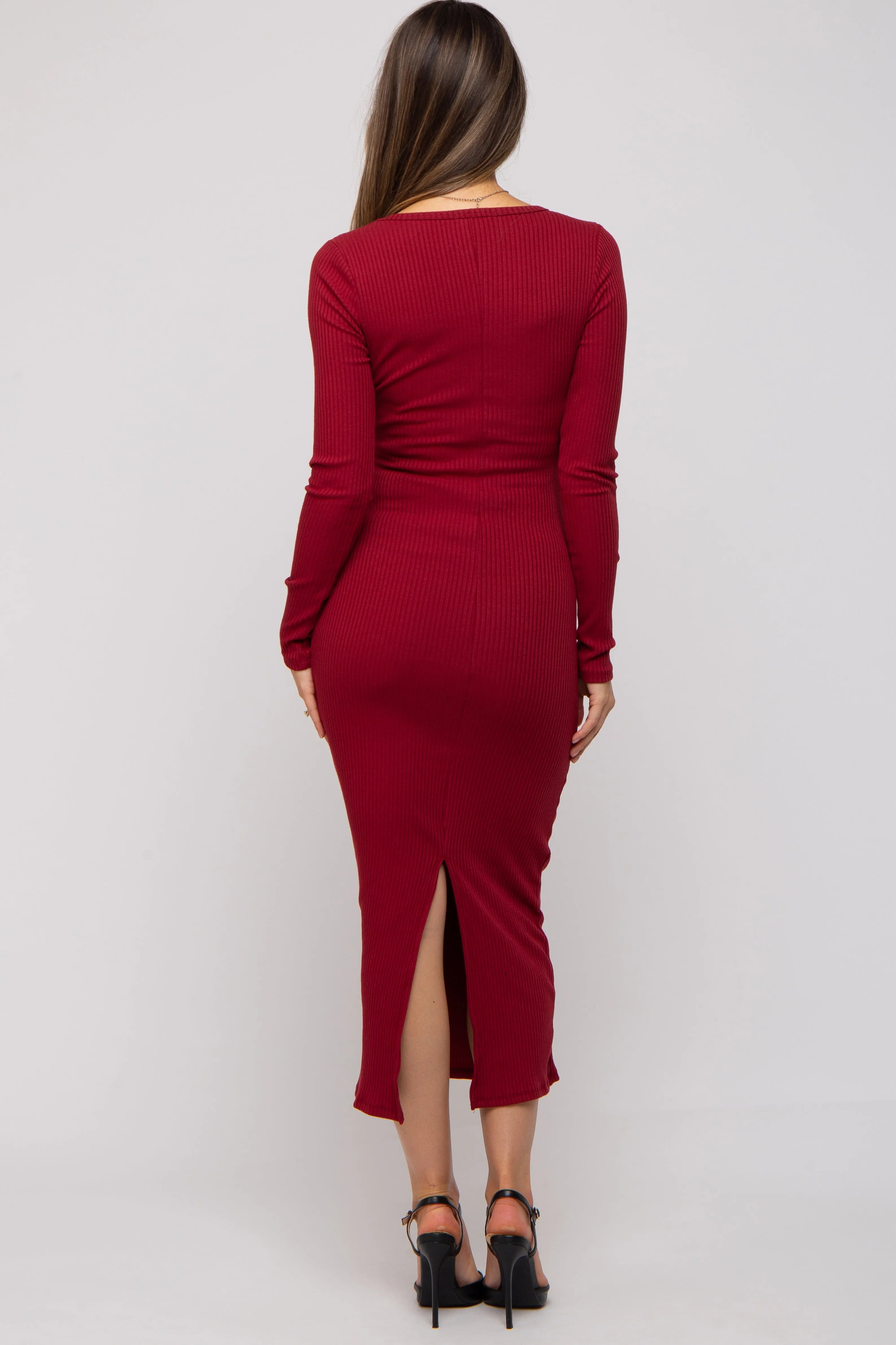 Burgundy Ribbed Long Sleeve Maternity Maxi Dress