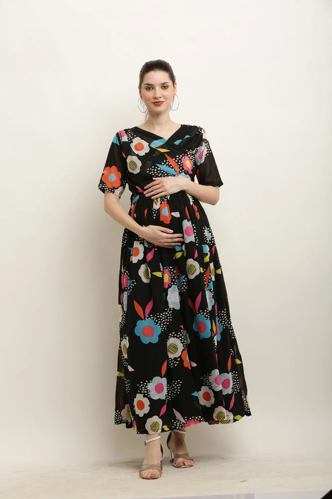 Candy Blackish Floral Maternity Layered Knot Dress