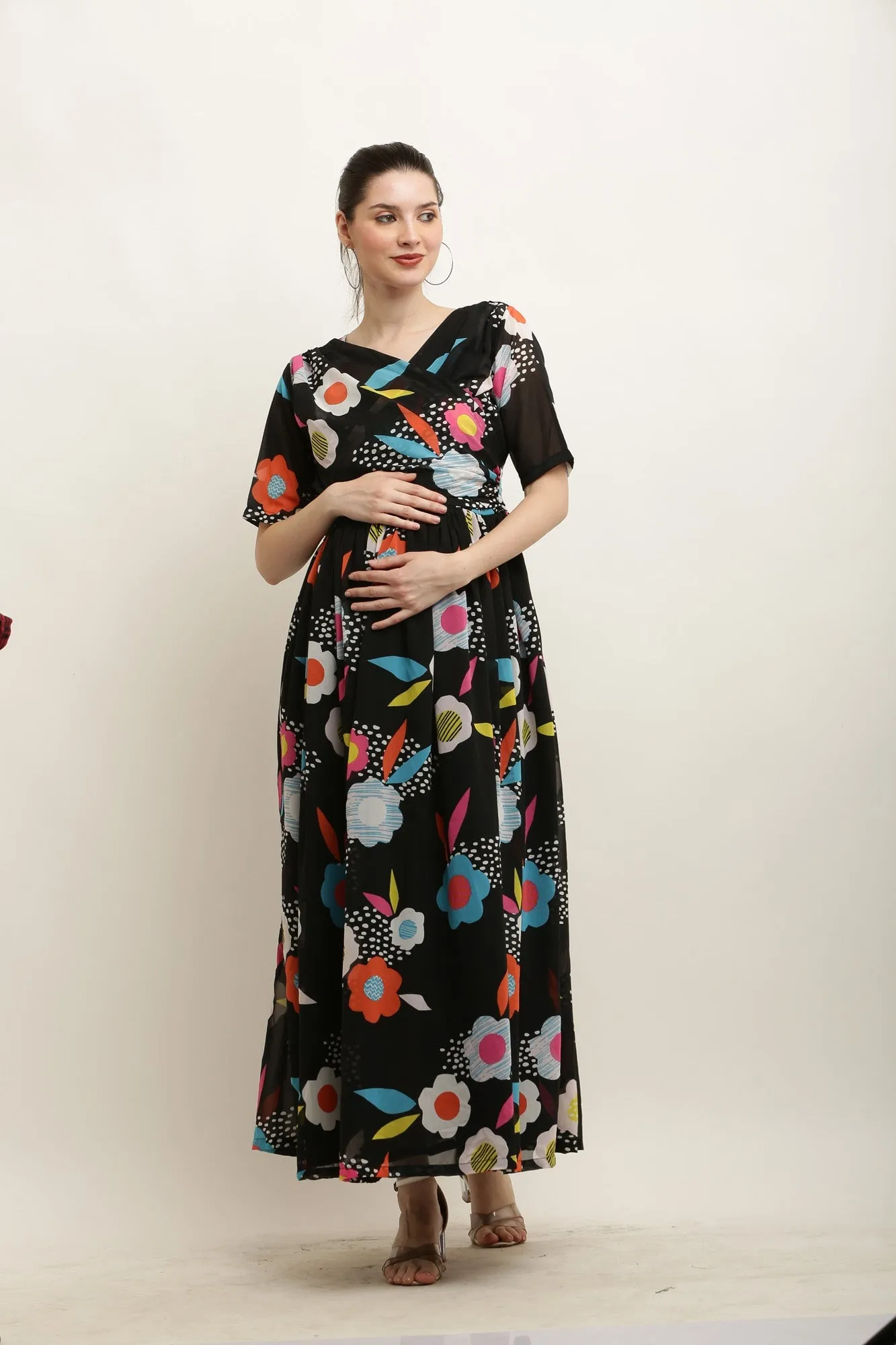 Candy Blackish Floral Maternity Layered Knot Dress