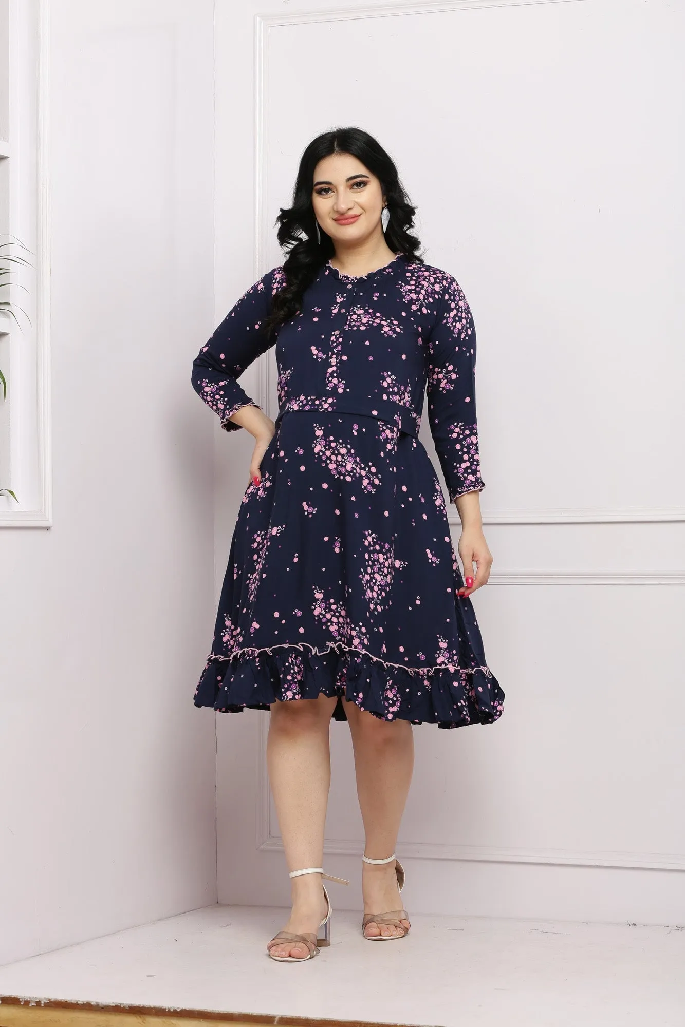 Charming Midnight Blossom Maternity & Nursing Frill Dress