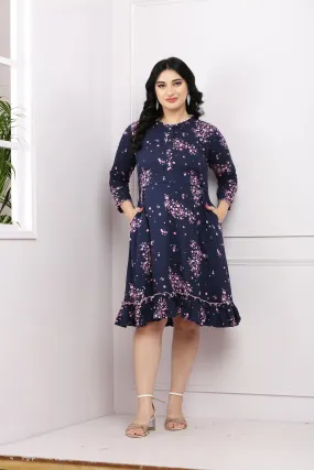 Charming Midnight Blossom Maternity & Nursing Frill Dress