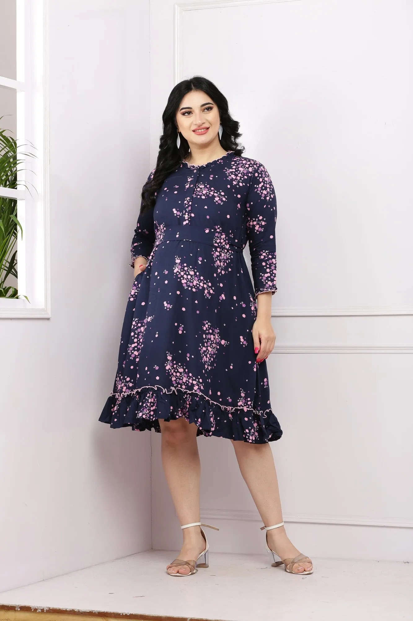 Charming Midnight Blossom Maternity & Nursing Frill Dress