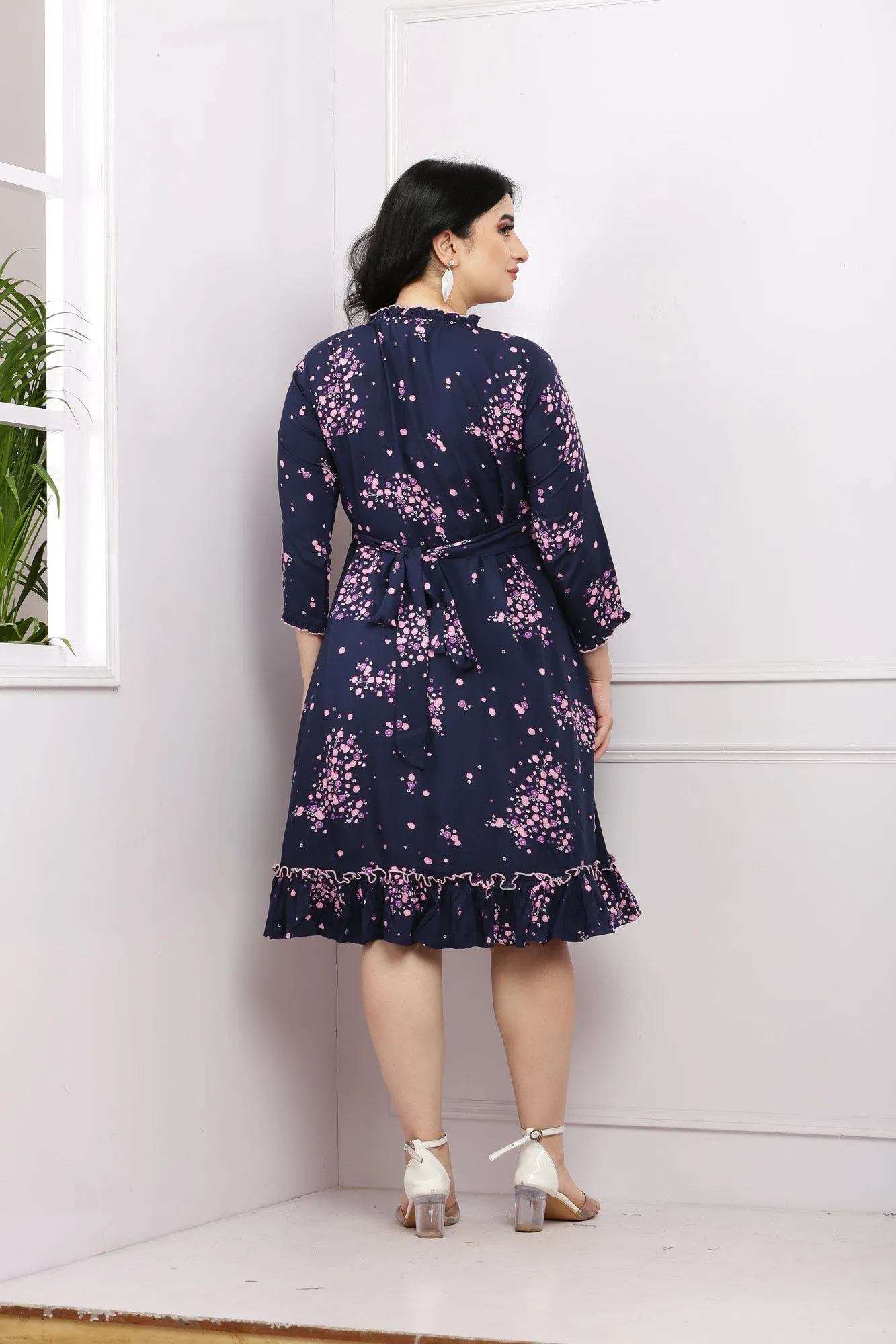 Charming Midnight Blossom Maternity & Nursing Frill Dress