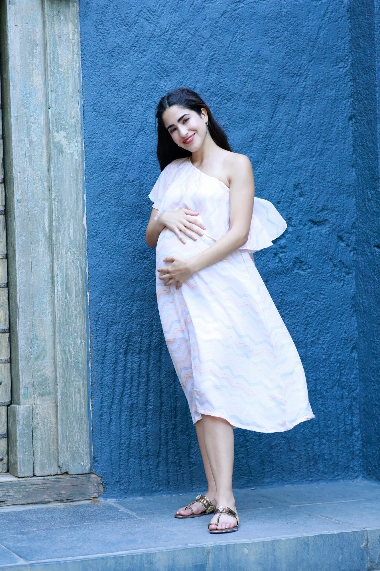 Charming Nautical White Maternity One Shoulder Dress