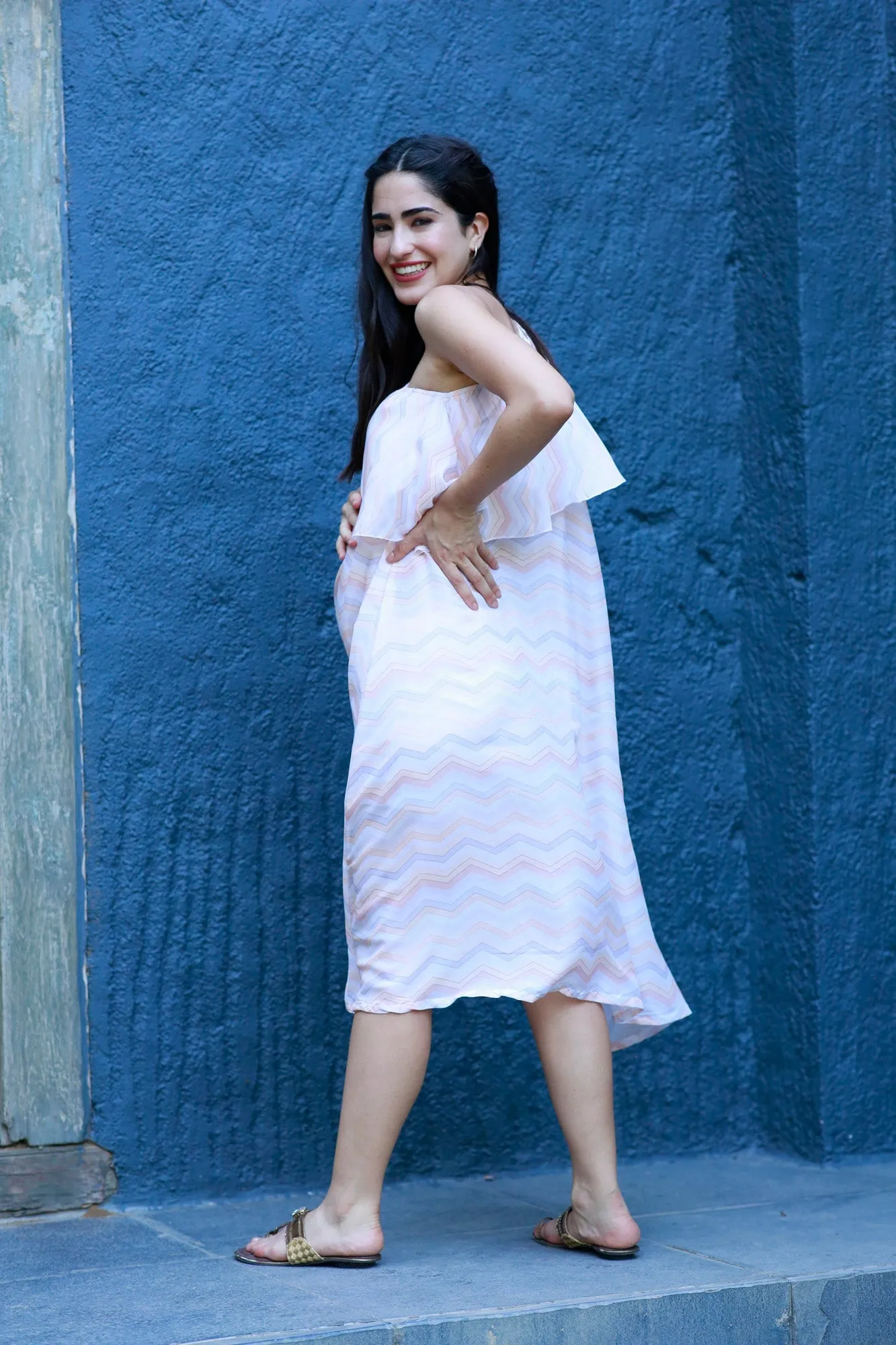 Charming Nautical White Maternity One Shoulder Dress