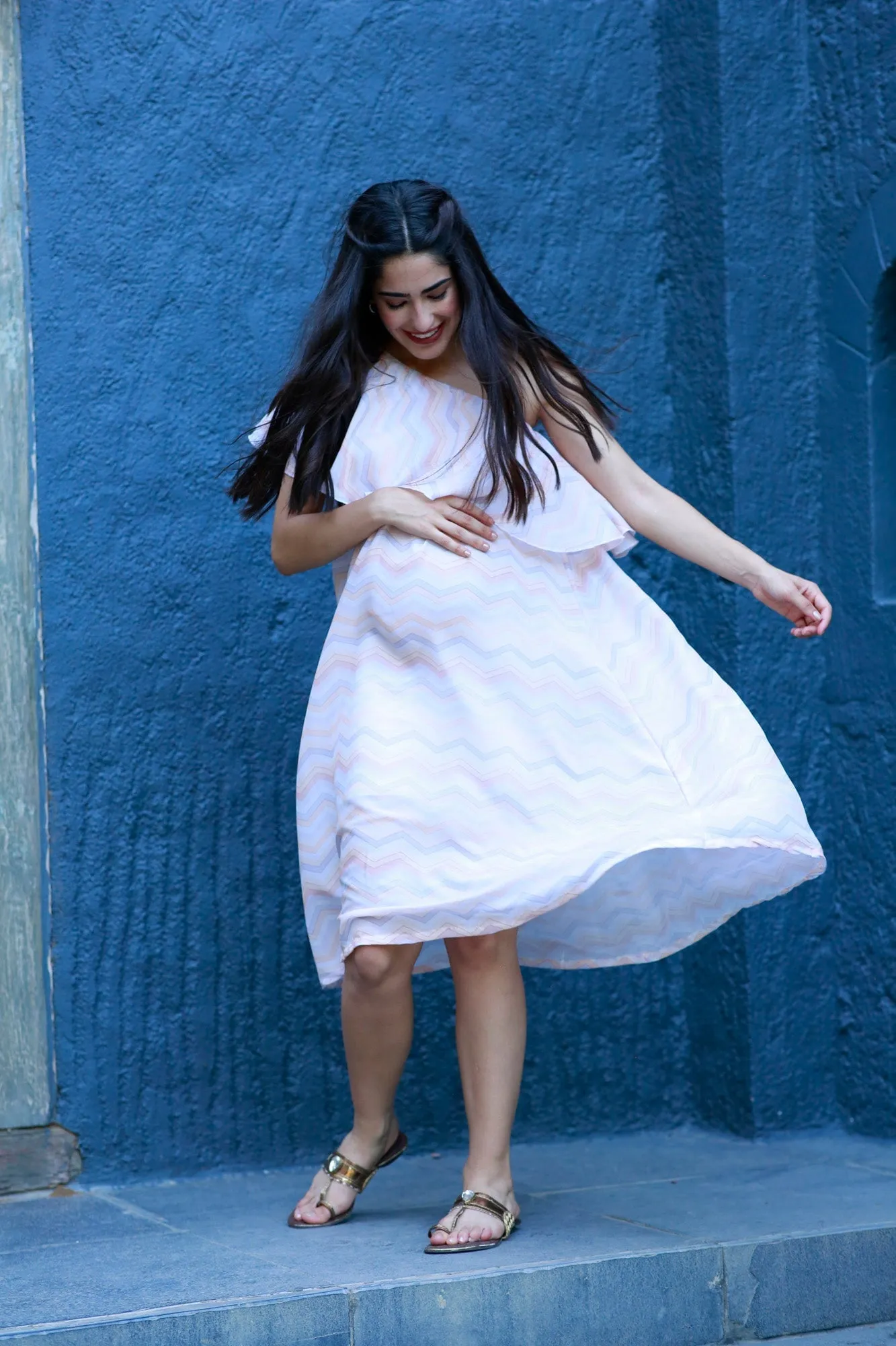 Charming Nautical White Maternity One Shoulder Dress