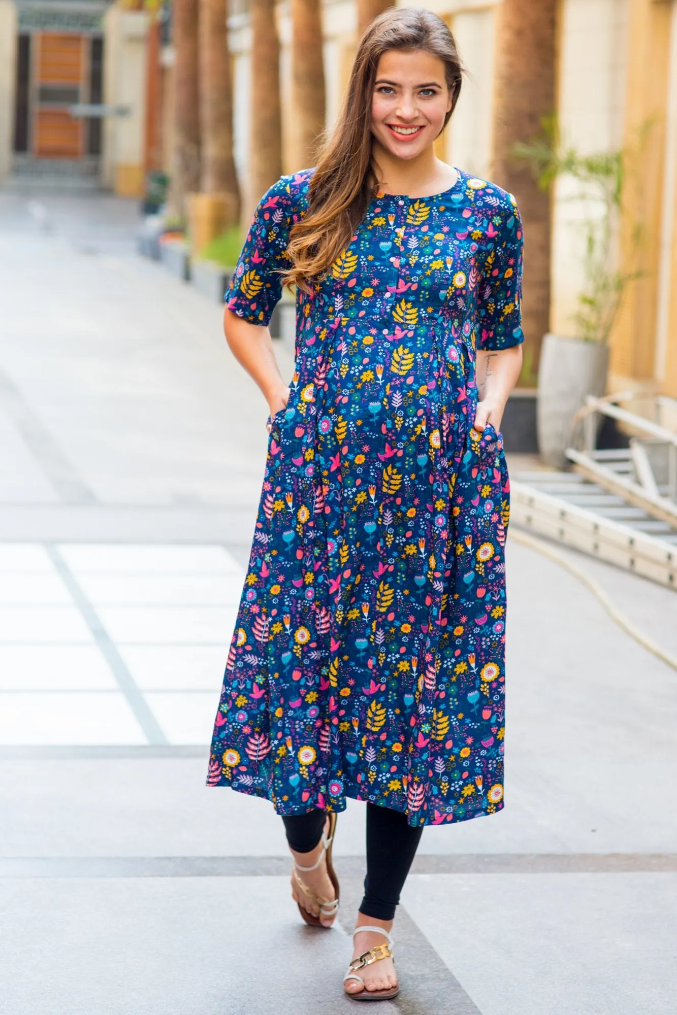 Cheerful Blue Longline Maternity & Nursing Kurta