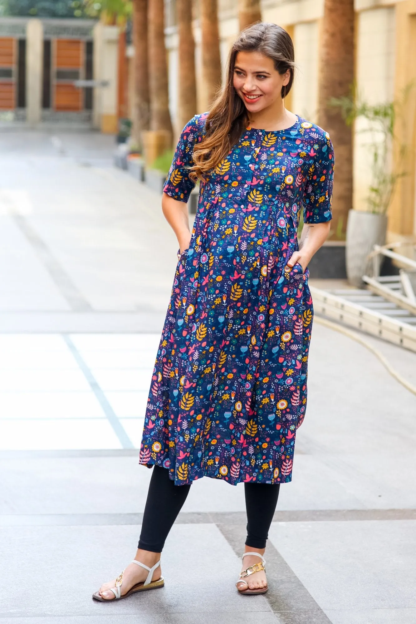 Cheerful Blue Longline Maternity & Nursing Kurta