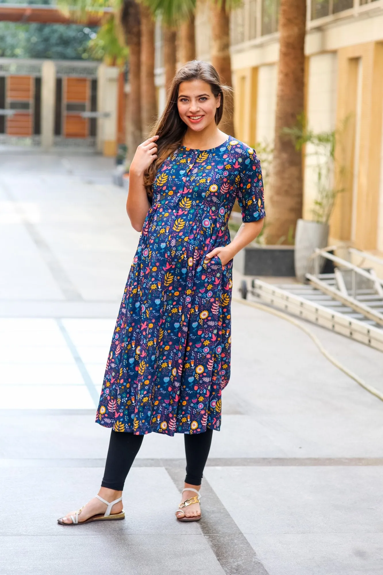 Cheerful Blue Longline Maternity & Nursing Kurta