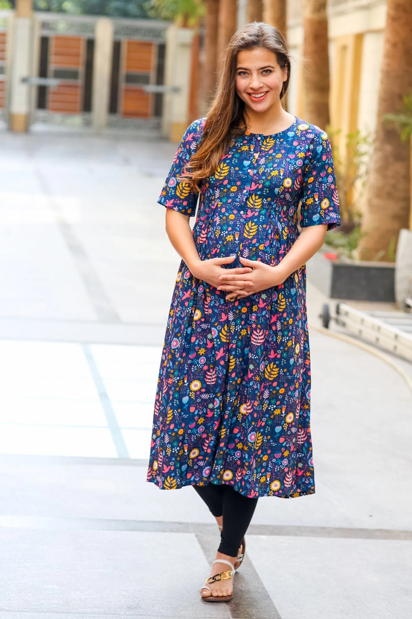 Cheerful Blue Longline Maternity & Nursing Kurta