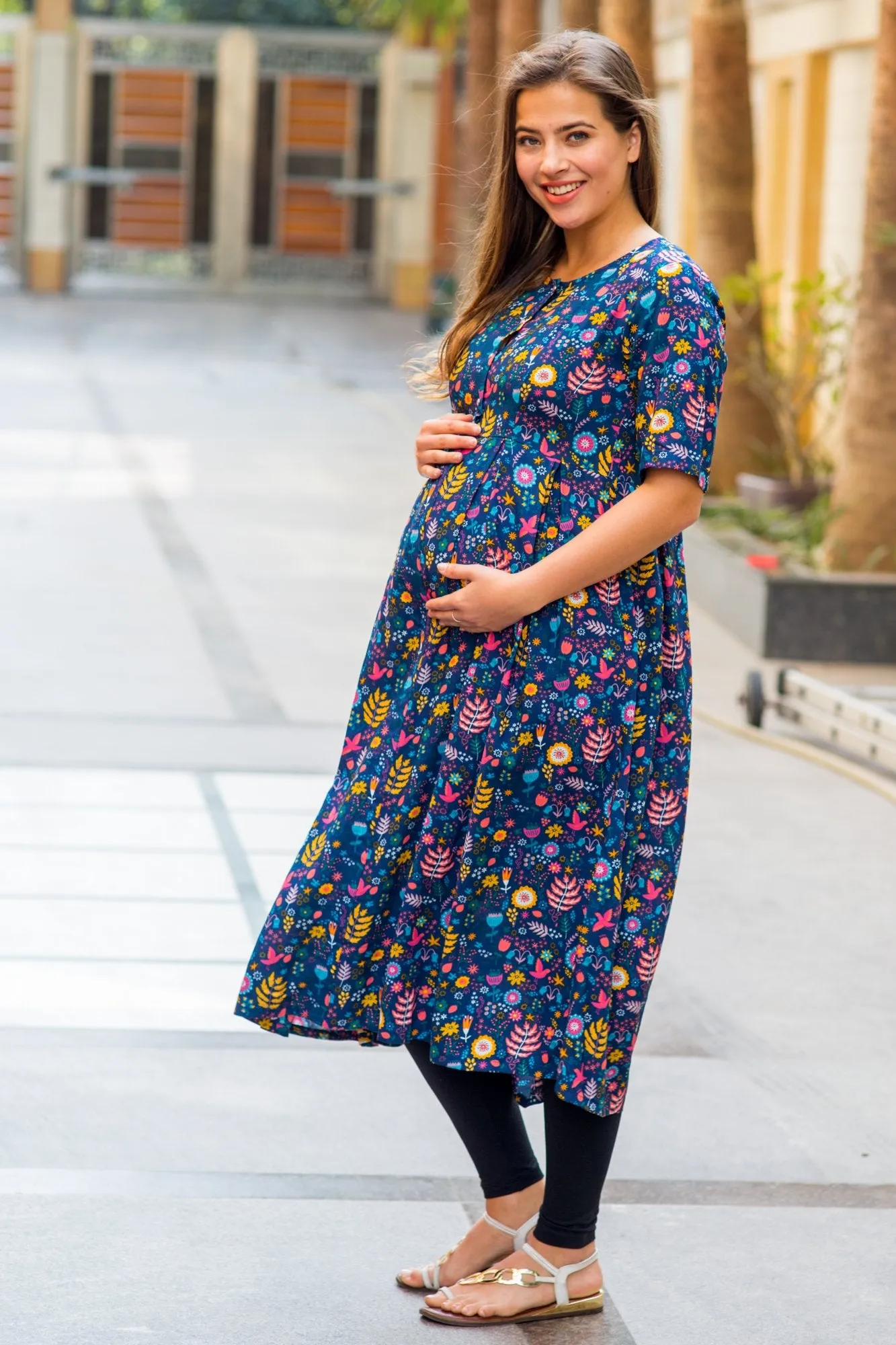 Cheerful Blue Longline Maternity & Nursing Kurta