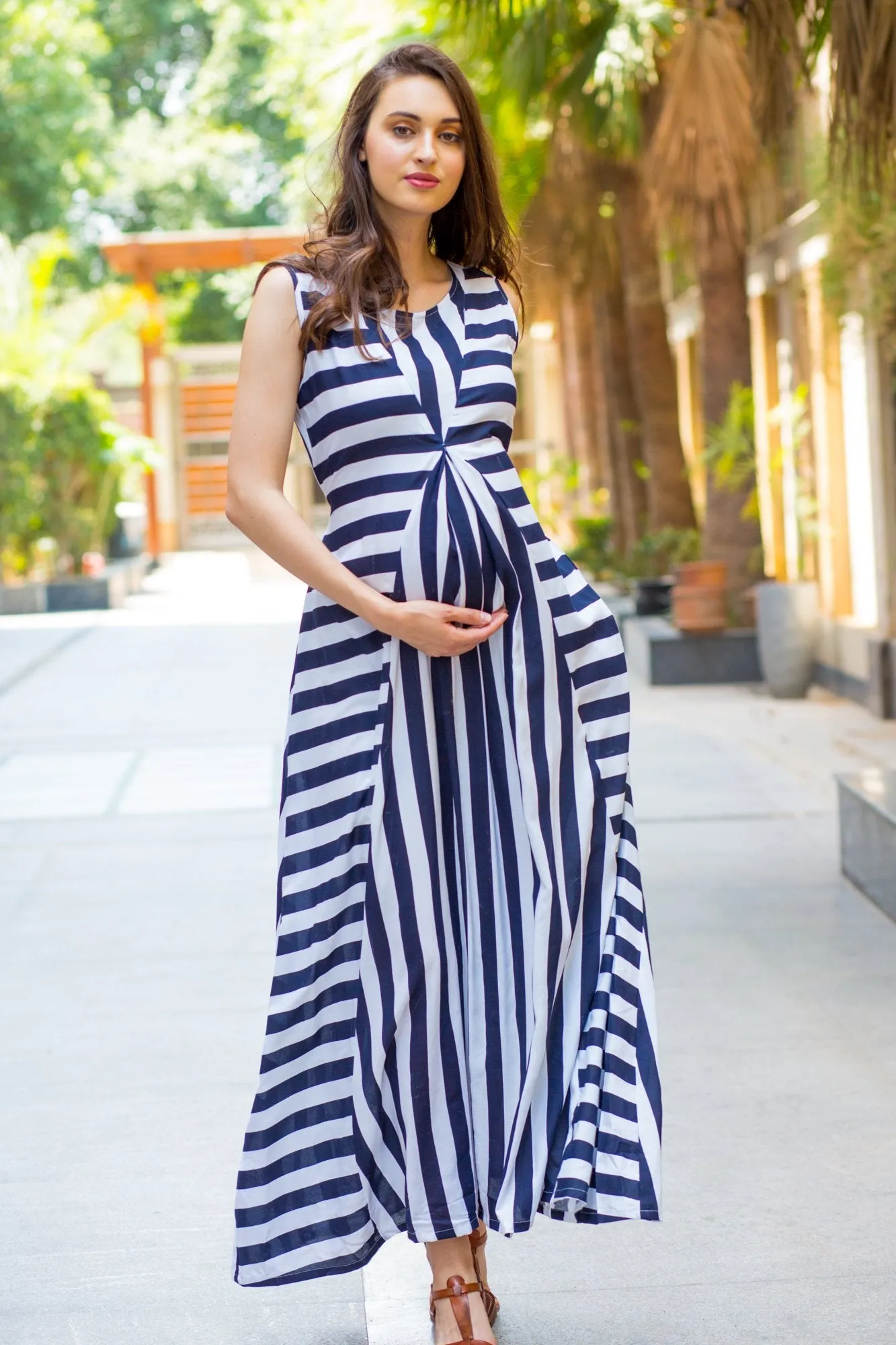 Chic Striped Maternity and Nursing Maxi Dress