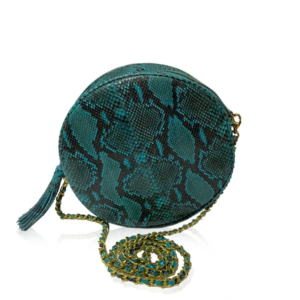 --Circle matte turquoise & black python back leather bag-