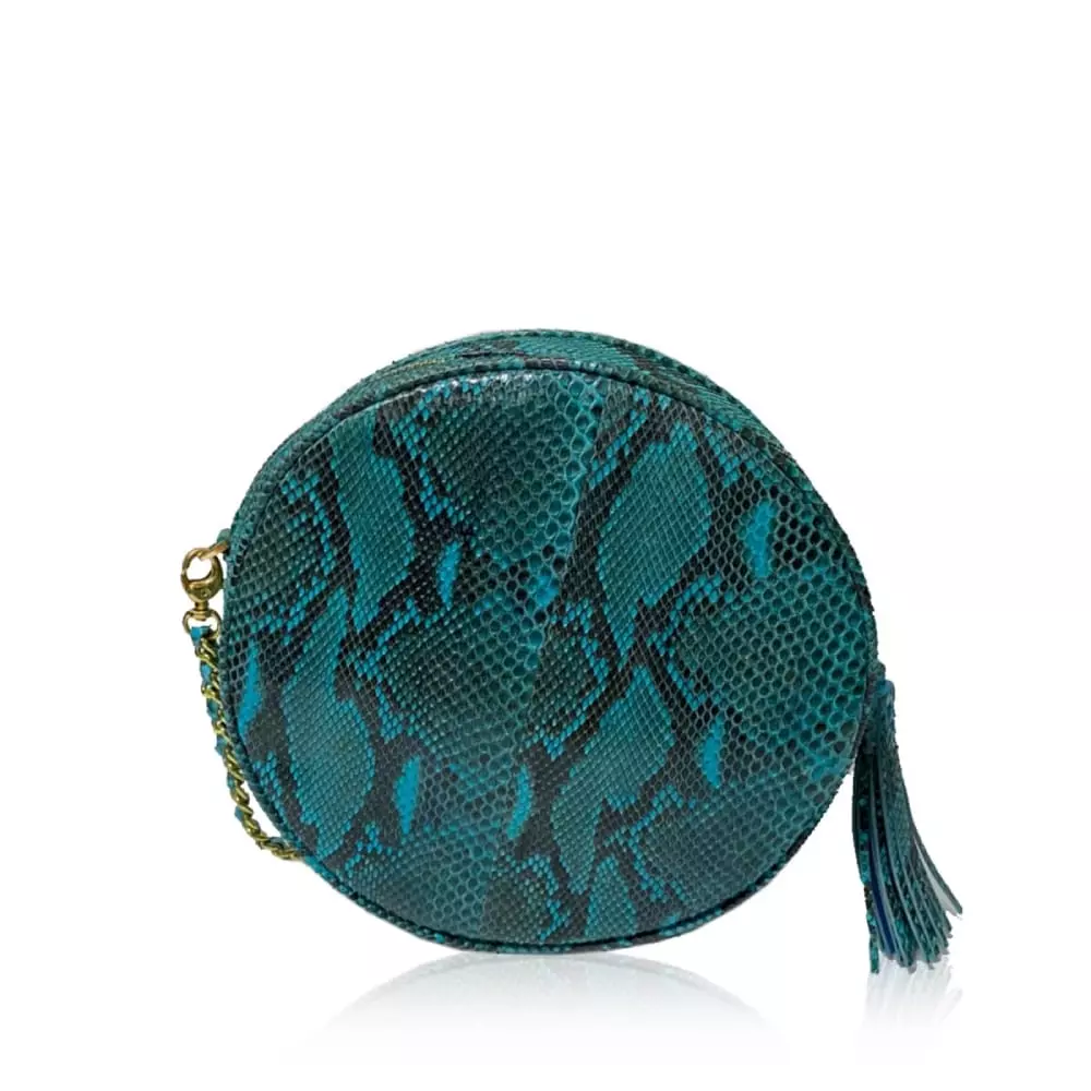 --Circle matte turquoise & black python back leather bag-