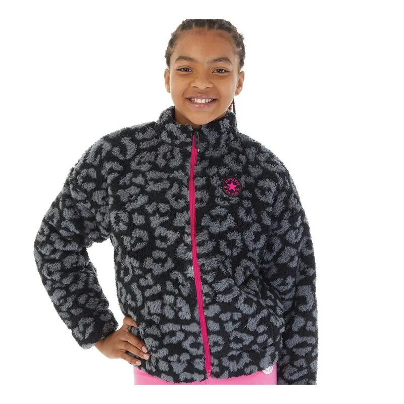 Converse Junior Girls Leopard Full Zip Sherpa Fleece Black