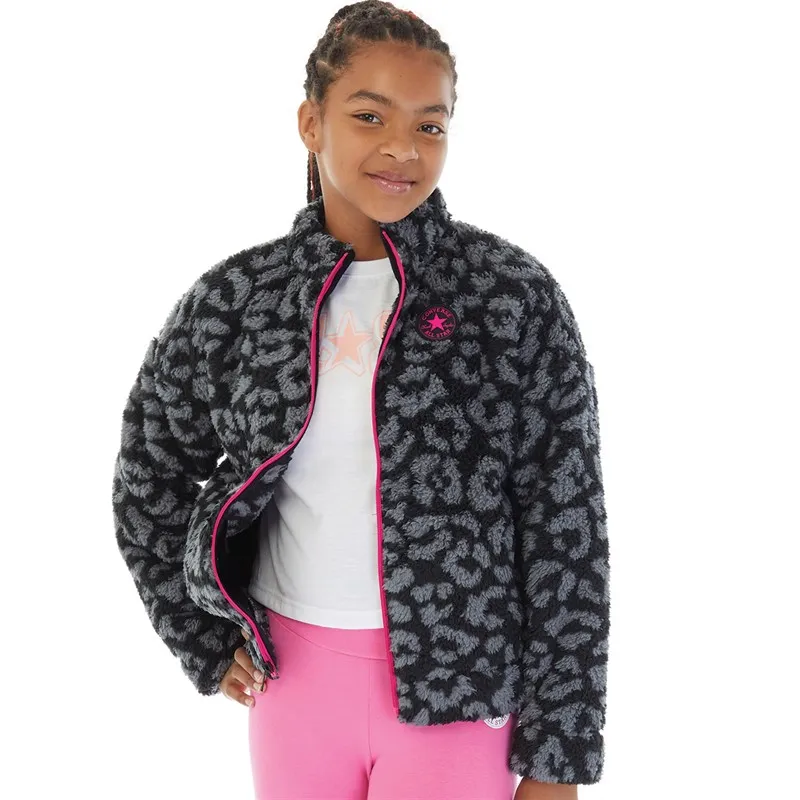 Converse Junior Girls Leopard Full Zip Sherpa Fleece Black