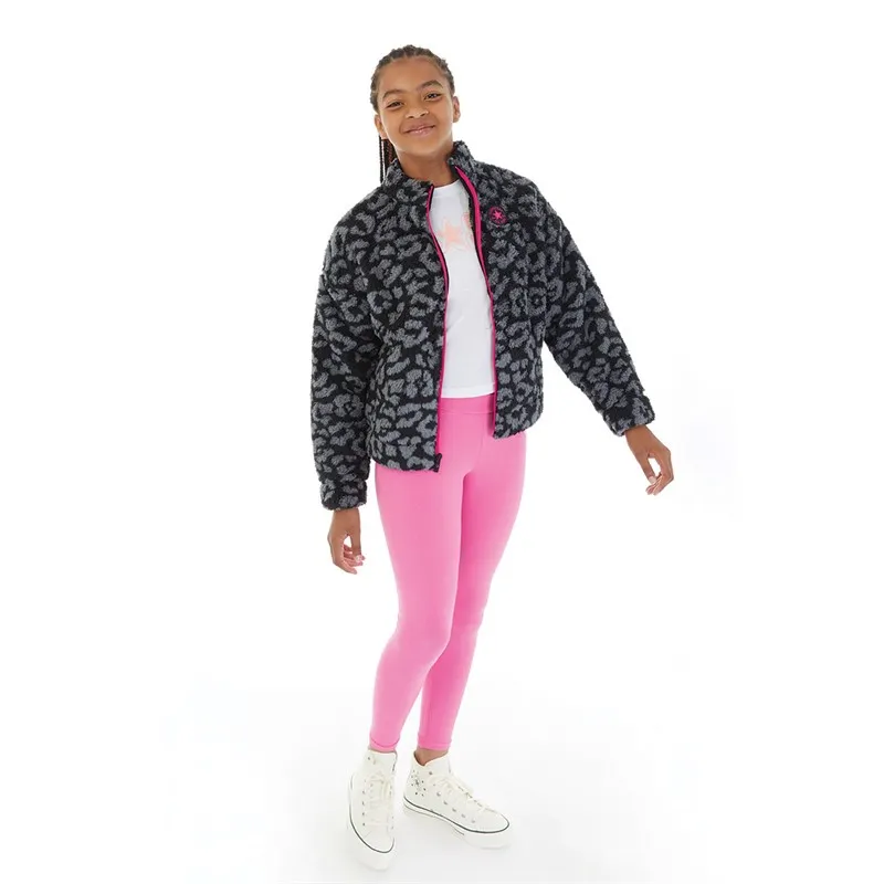 Converse Junior Girls Leopard Full Zip Sherpa Fleece Black