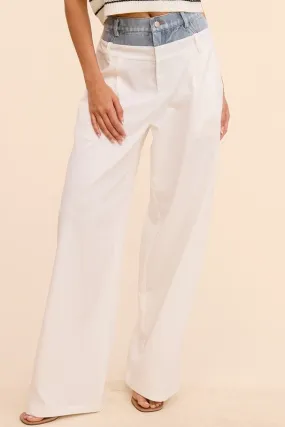 Denim Waistband Solid Wide leg Trouser Pants