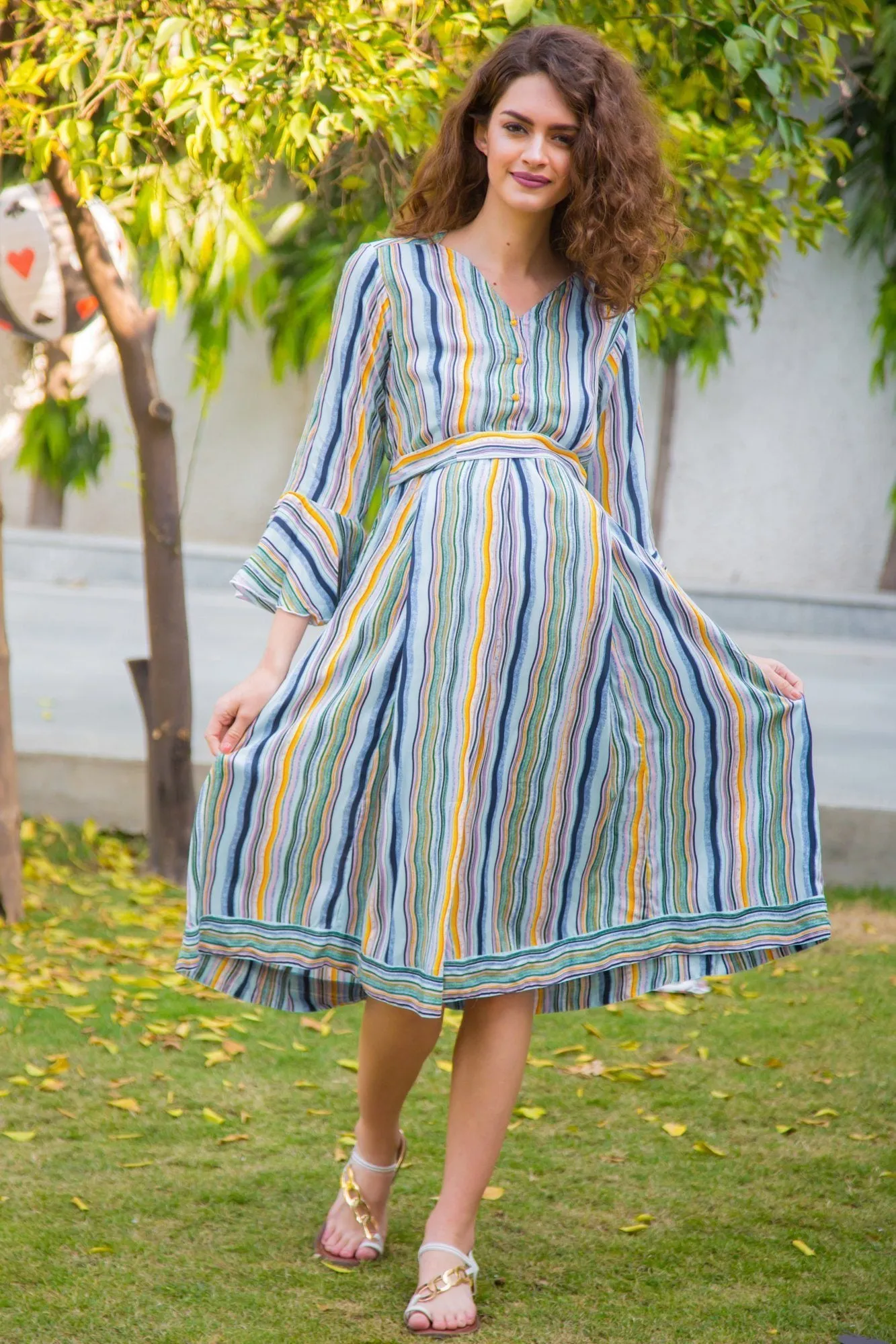 Electric Striped Front Button Maternity & Nursing Dress