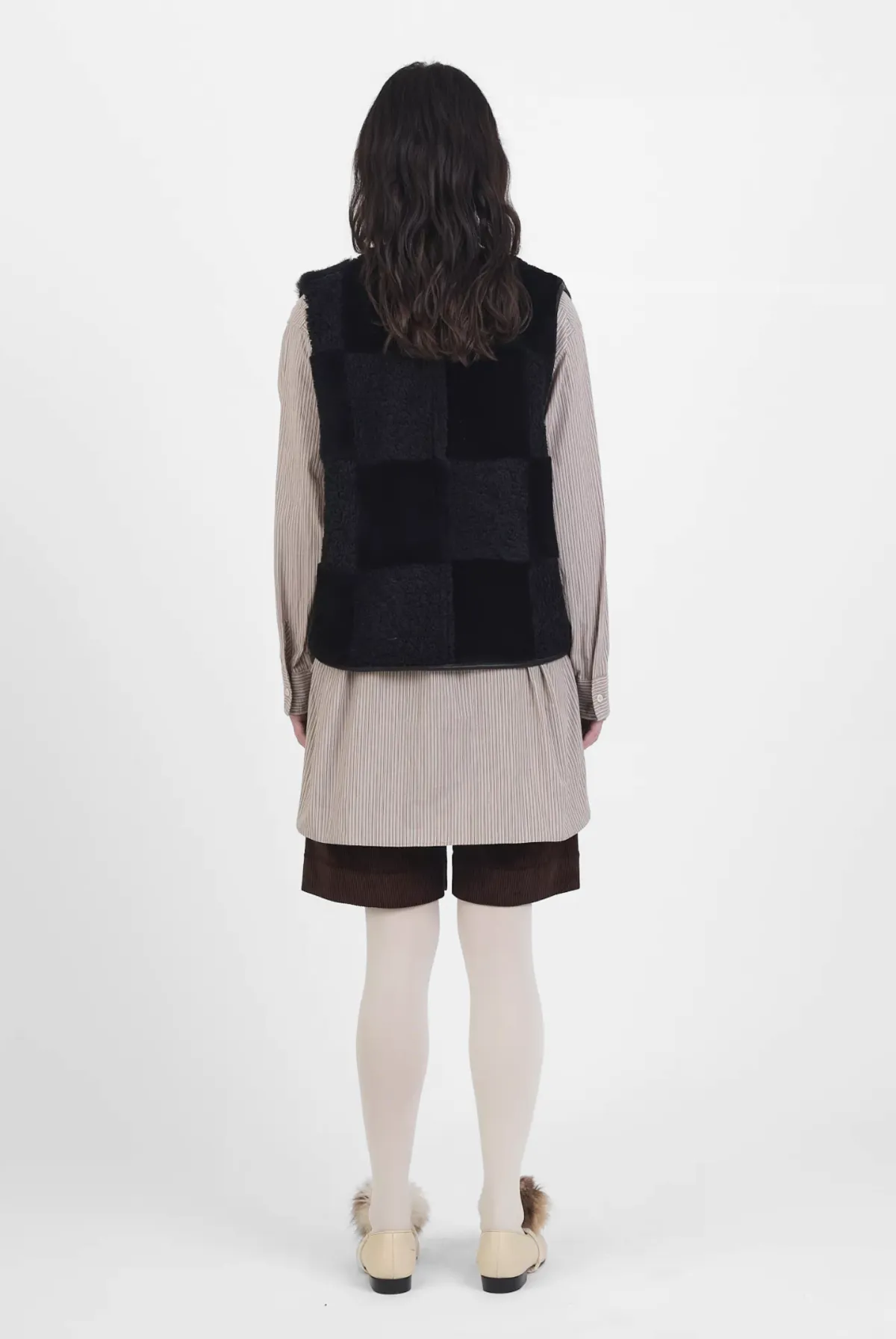 Ella  Suede Back Curly Hair Patchwork Check Vest - Black