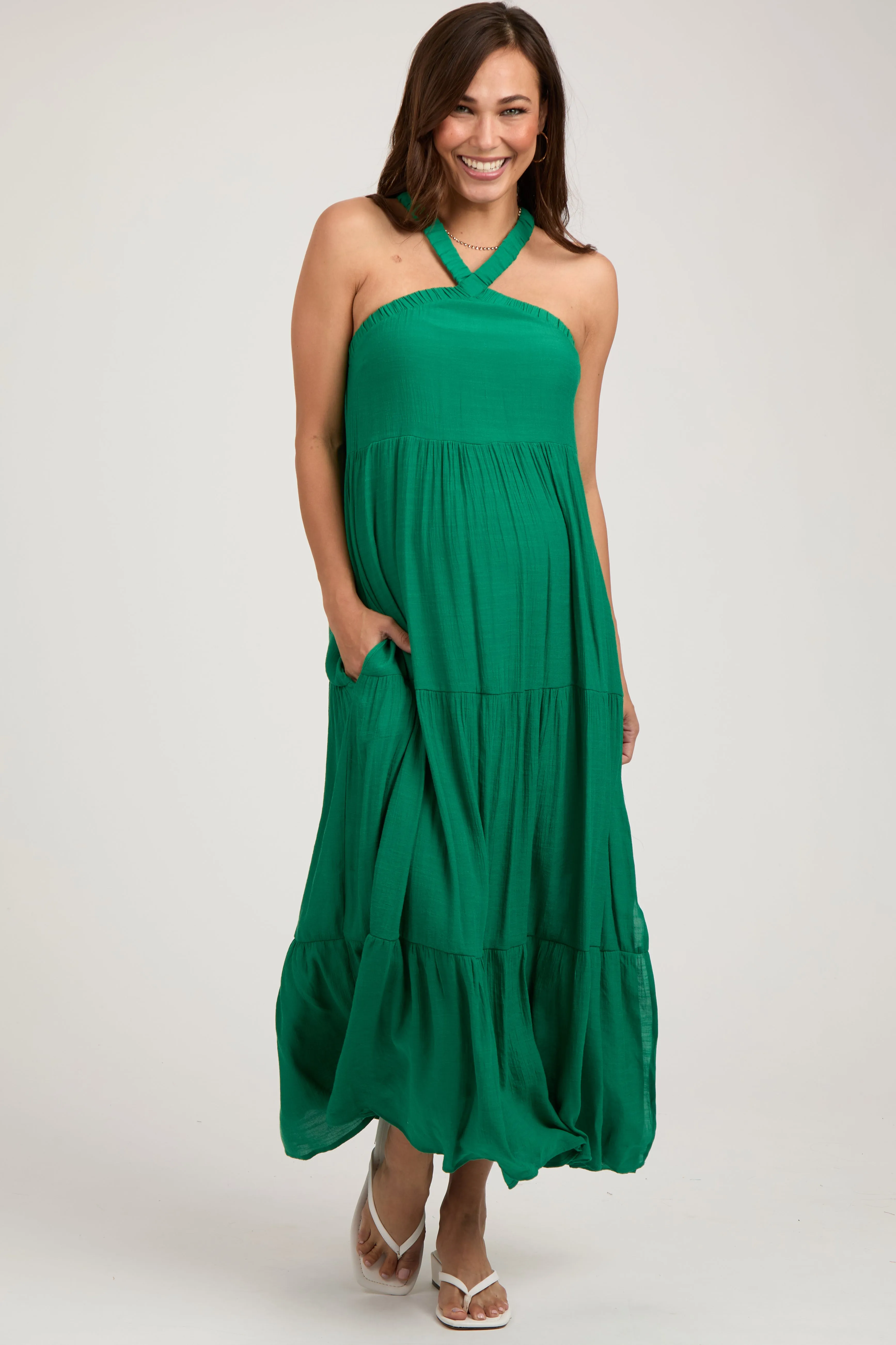 Emerald Halter Tiered Maternity Maxi Dress