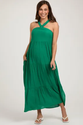 Emerald Halter Tiered Maternity Maxi Dress