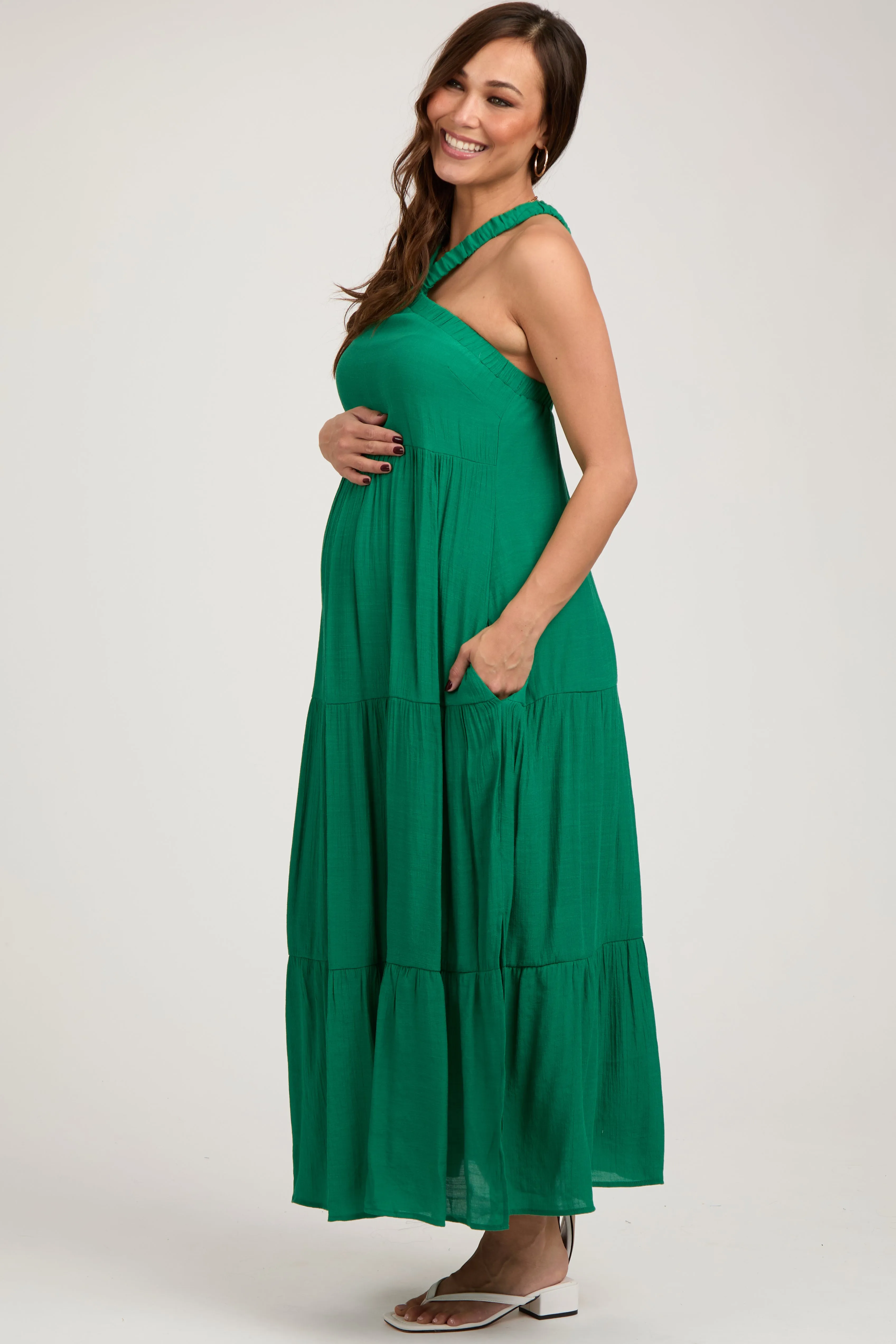 Emerald Halter Tiered Maternity Maxi Dress