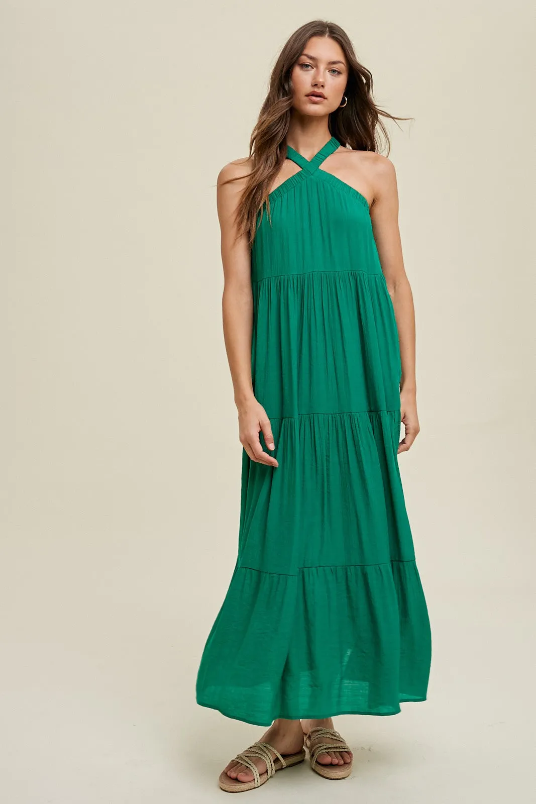 Emerald Halter Tiered Maternity Maxi Dress