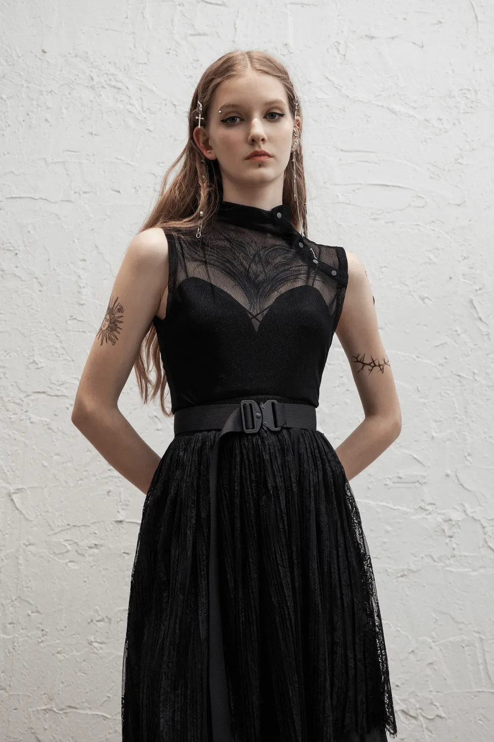 EU SALE of Elegant Gothic Black Mesh Top Sleeveless with High Neck