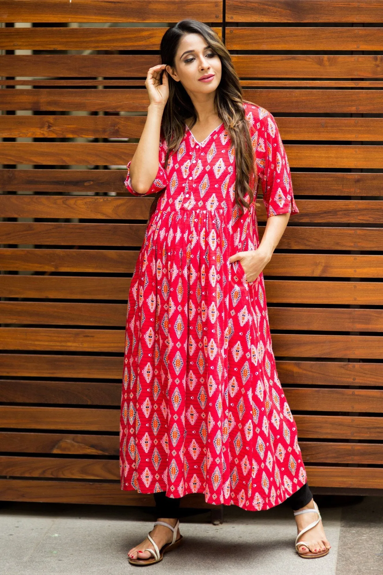 Festive Red Maternity & Nursing Kurta