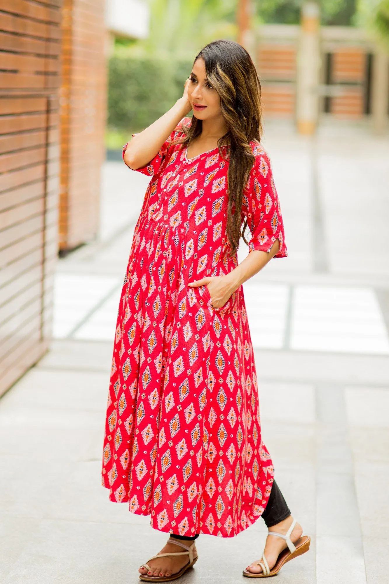 Festive Red Maternity & Nursing Kurta