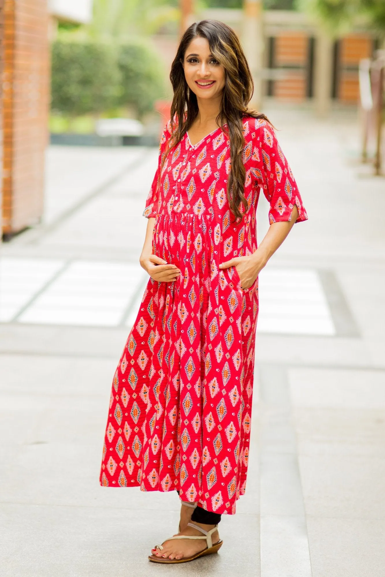 Festive Red Maternity & Nursing Kurta