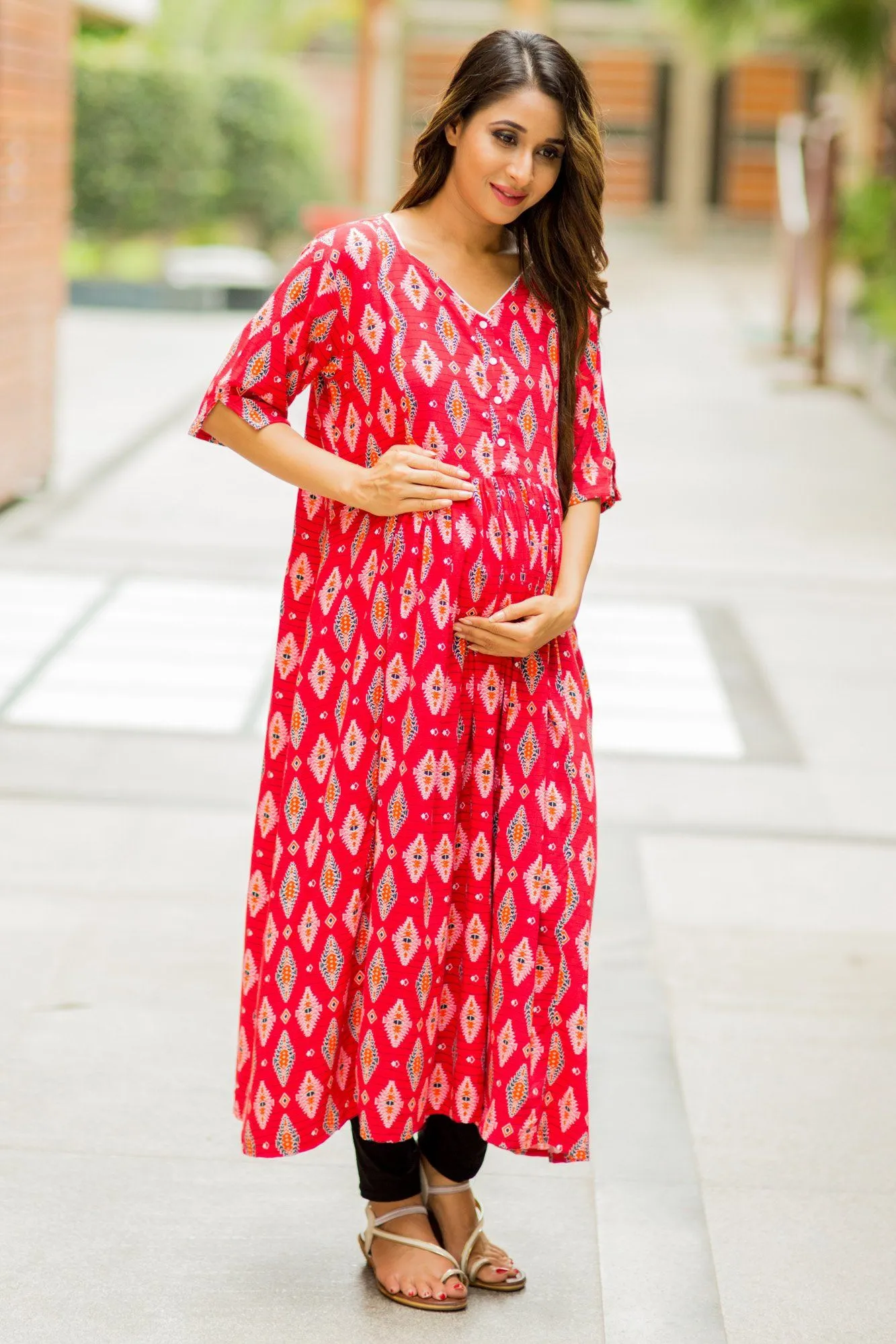 Festive Red Maternity & Nursing Kurta