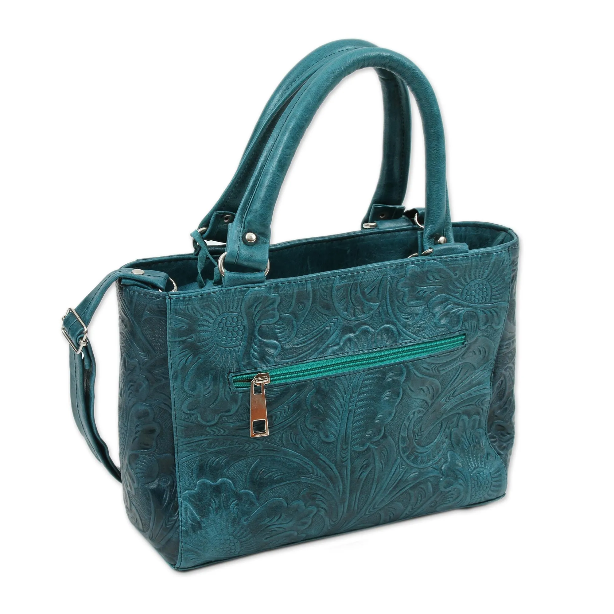 Flower Carrier in Teal Floral Leather Shoulder Bag in Teal from Mexico