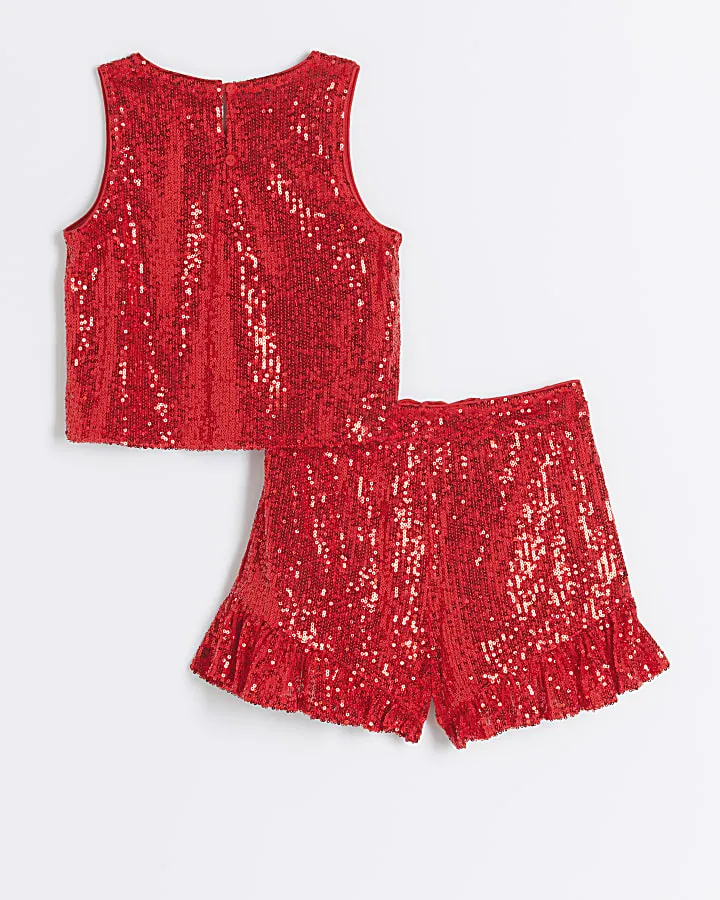 Girls red sequin vest and shorts set