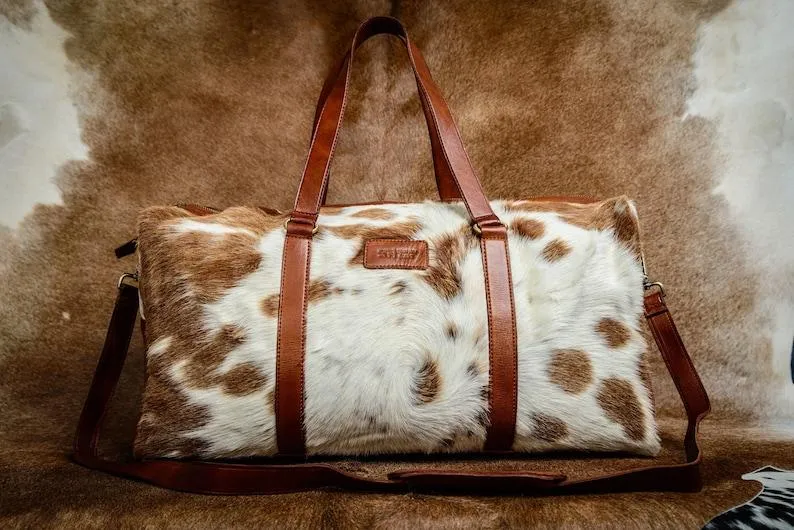 Gray Fur Cowhide Print Genuine Leather Duffel Bag