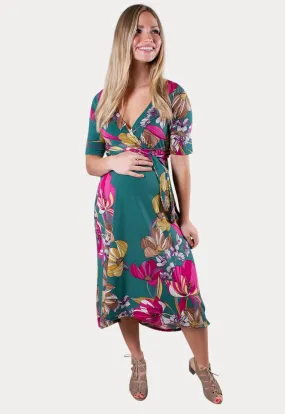 Green Floral Sweetheart Wrap Maternity Dress