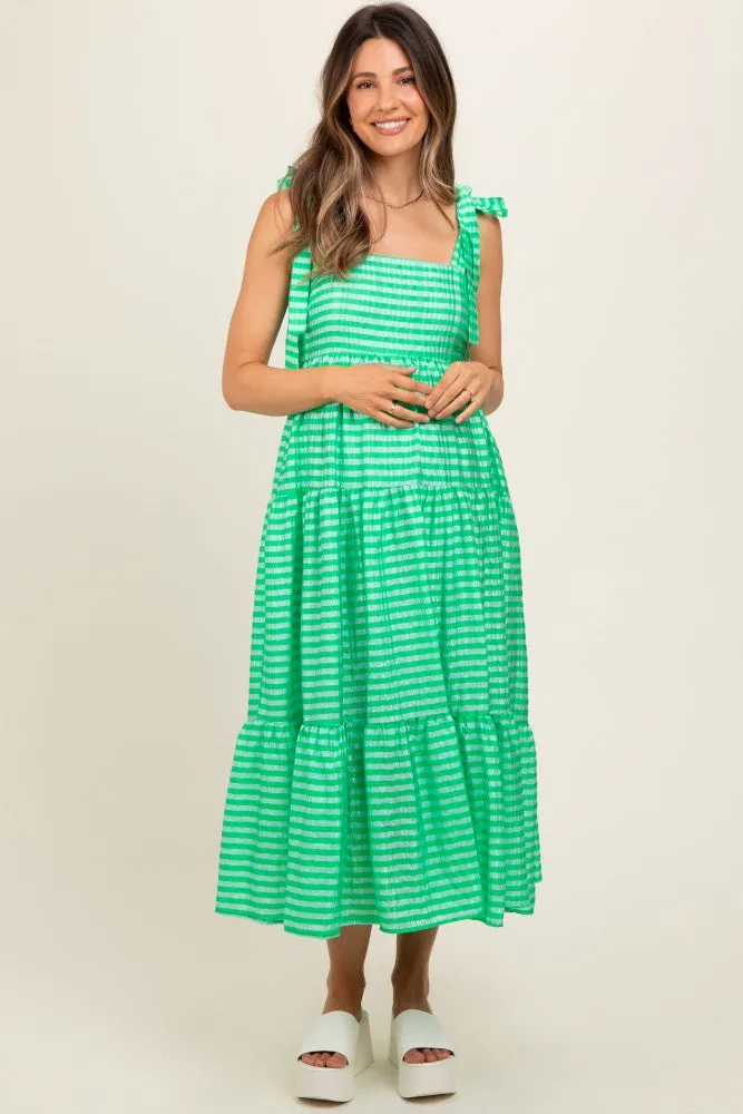 Green Gingham Shoulder Tie Maternity Dress