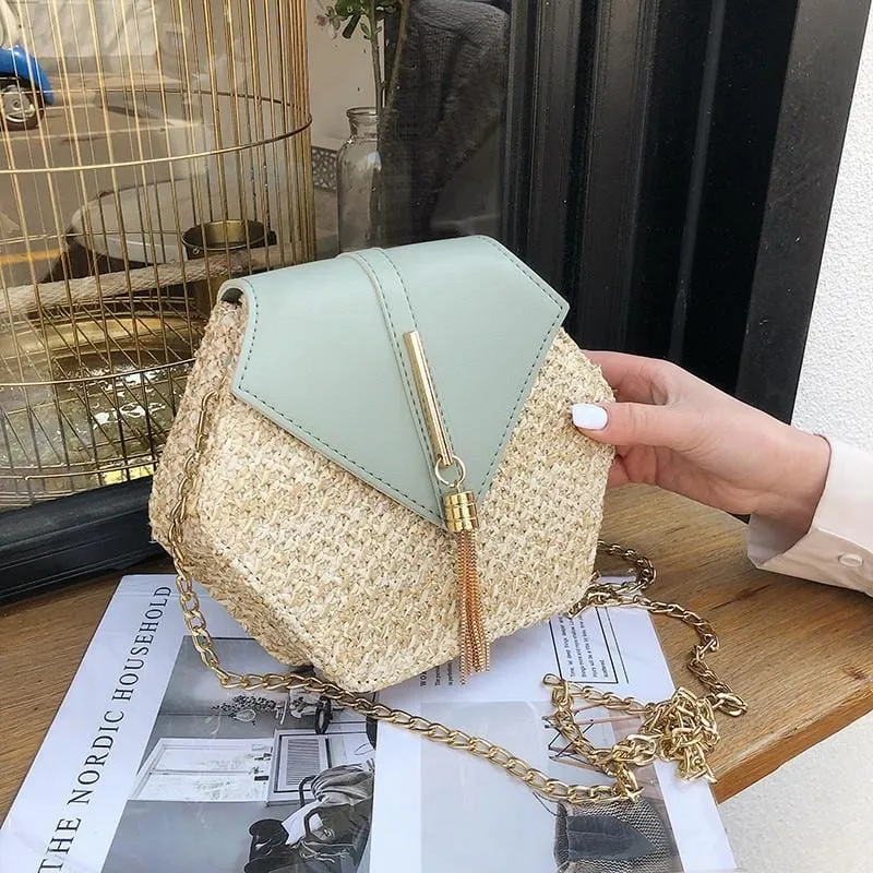 Hexagon Mulit Style Straw+leather Handbag Women Summer Rattan Bag Handmade Woven Beach Circle Bohemia Shoulder Bag New Fashion